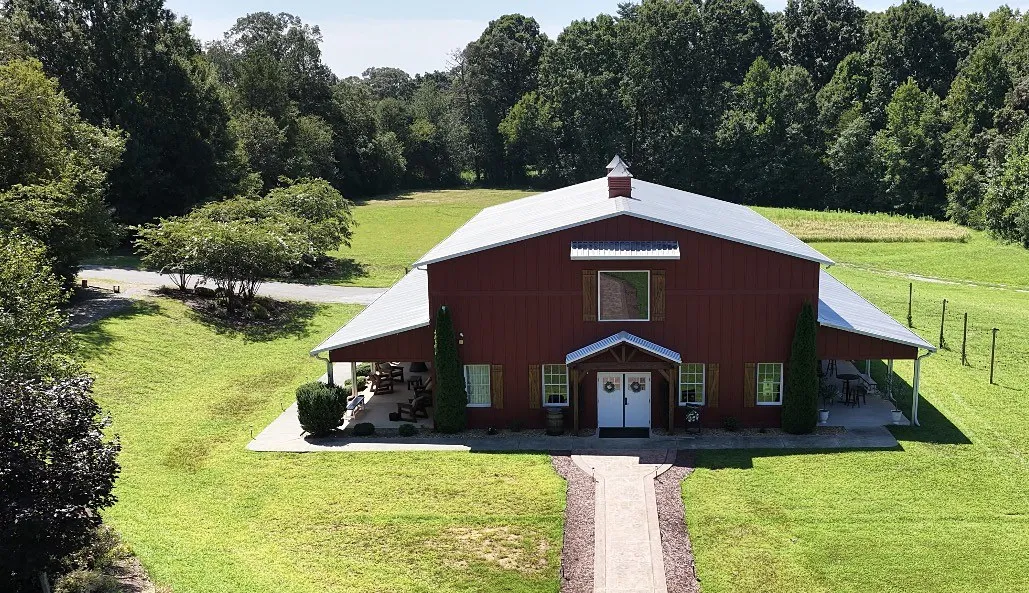 Aerial view of The Heritage Barn's front doors and brick walkway in Conover, NC